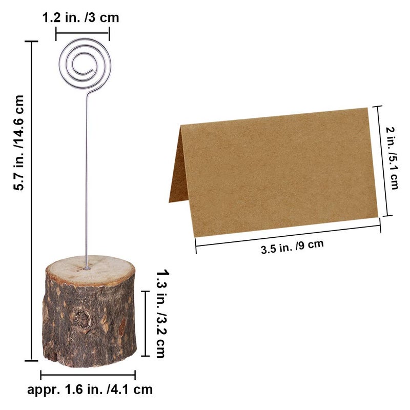 Supla 20 Pcs Rustic Wood Place Card Holders with Swirl Wire Wooden Bark Memo Holder Stand Card Photo Picture Note Clip Holders 5.8" and Kraft Place Cards Bulk for Wedding Party Table Number Name Sign - Image 2